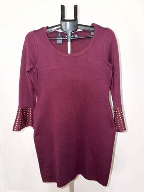Nina Leonard Plum Long-Sleeve Studded Bell Cuff Dress